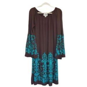 Back in the Saddle Brown and Turquoise Blue Bell Sleeve Midi Dress Size Medium